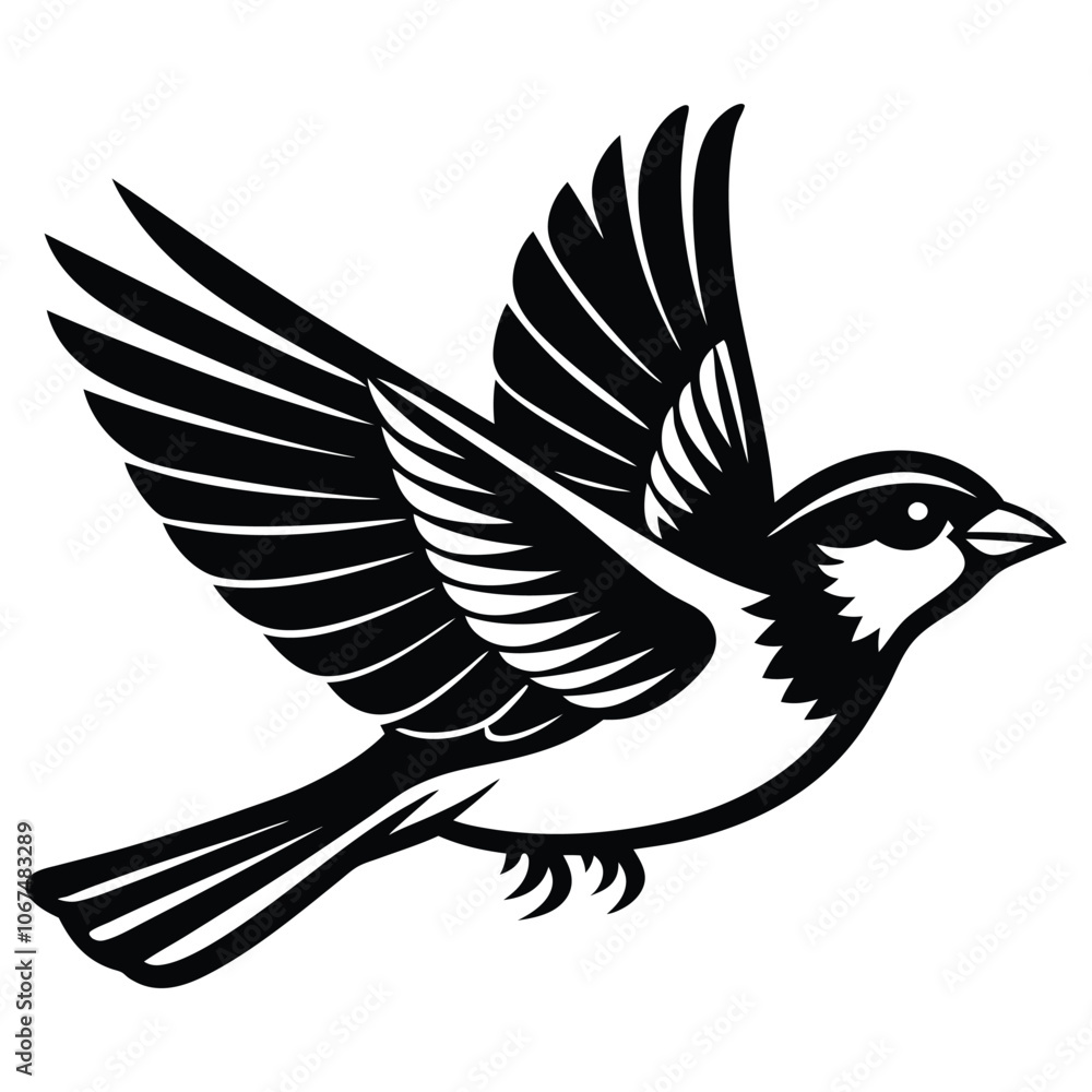 Obraz premium Flying sparrow with leg silhouette vector art illustration icon logo