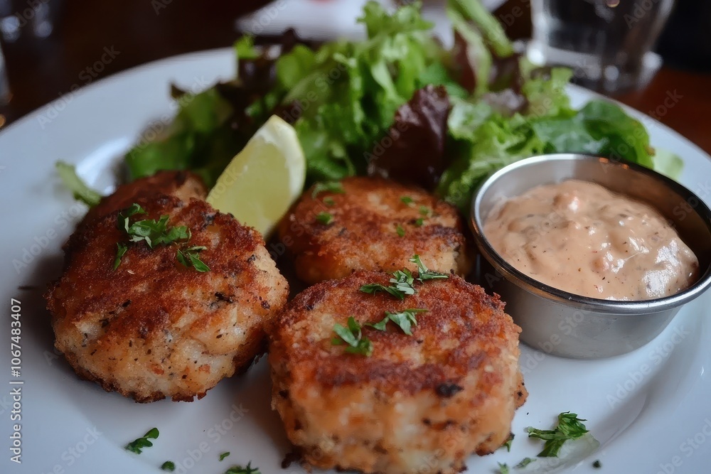 Crispy crab cakes of sweet lump meat perfectly seasoned accompanied by remoulade and a fresh salad Crispy crab cakes of sweet lump meat perfectly seasoned accompanied by remoulade and a fresh salad