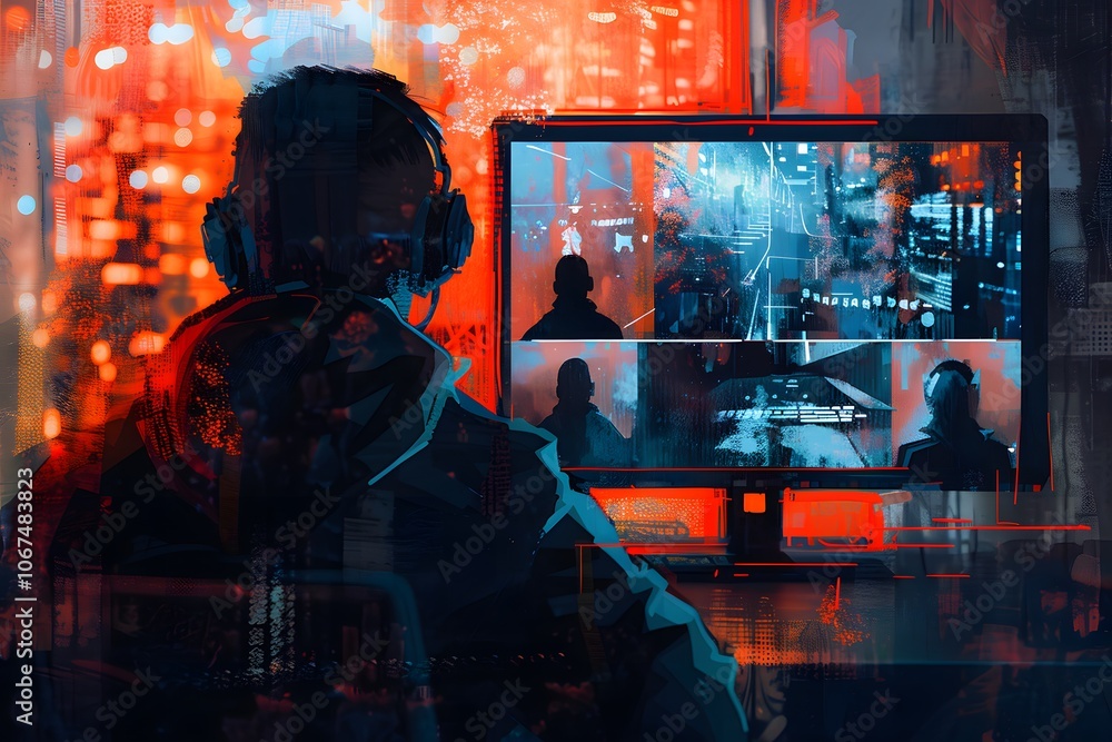 A Cyberpunk Surveillance Scene with a Focused Operator A Cyberpunk Surveillance Scene with a Focused Operator