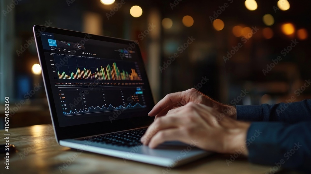 Businessman using a laptop screen charts analytics. Businessman using a laptop screen charts analytics.