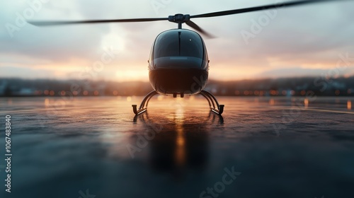 A modern helicopter rests on a shiny landing pad at sunrise, showcasing a silhouette against the beautifully lit horizon, embodying adventure and precision engineering. photo