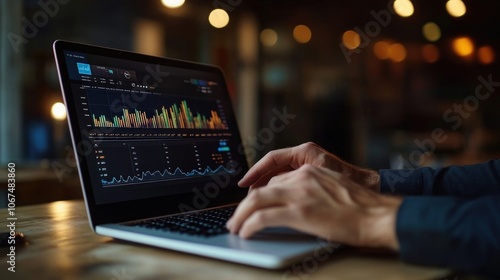 Businessman using a laptop screen charts analytics.