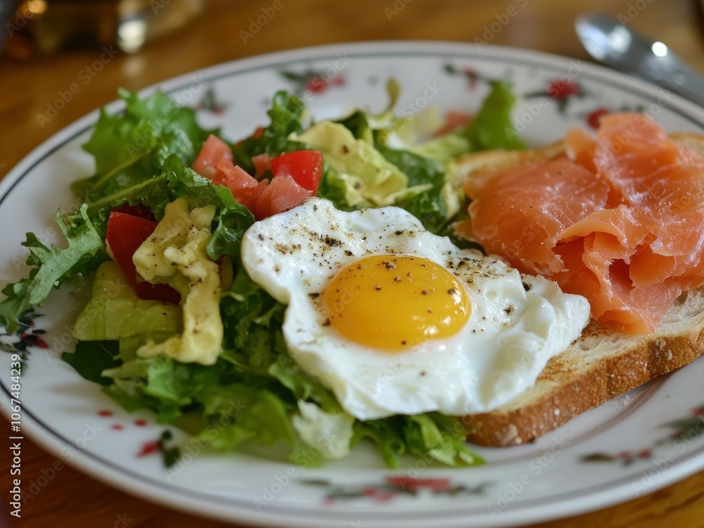 Eggs in water smoked salmon on bread with greens Eggs in water smoked salmon on bread with greens