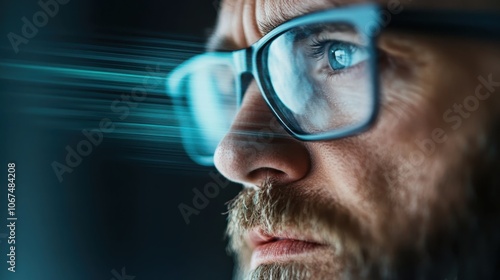 A striking close-up of an analytics expert's eye, with digital elements swirling, symbolizing insight and precision in modern technological and data fields.