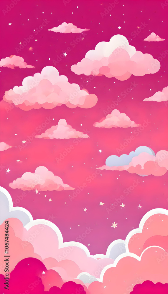 Obraz premium Dreamy Pink and Purple Sky with Soft Clouds and Stars in a Magical Nighttime Illustration