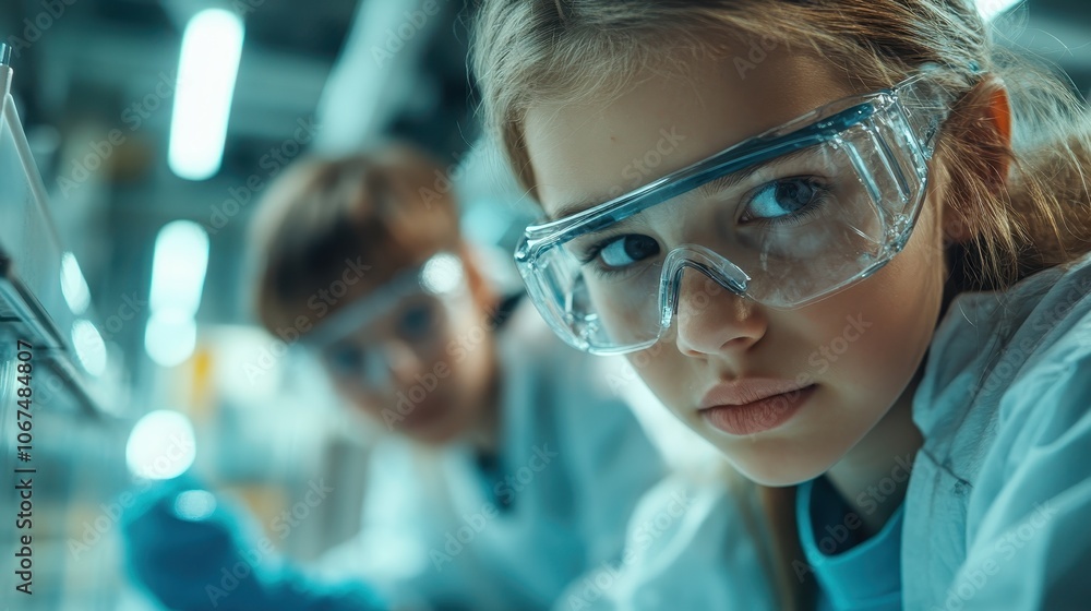 A young scientist wearing protective goggles intently engages in experiments in a vibrant laboratory setting, capturing the essence of curiosity, focus, and future innovation. A young scientist wearing protective goggles intently engages in experiments in a vibrant laboratory setting, capturing the essence of curiosity, focus, and future innovation.