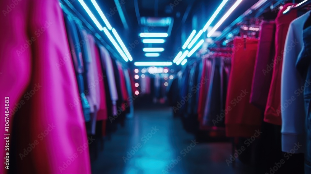A vibrant hallway illuminated by neon lights, showcasing a diverse array of colorful clothes hanging from racks, creating a dynamic visual spectacle. A vibrant hallway illuminated by neon lights, showcasing a diverse array of colorful clothes hanging from racks, creating a dynamic visual spectacle.