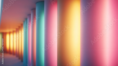 A long corridor adorned with glowing, colorful pillars creates an immersive environment that highlights a dazzling play of light, space, and modern architecture. photo