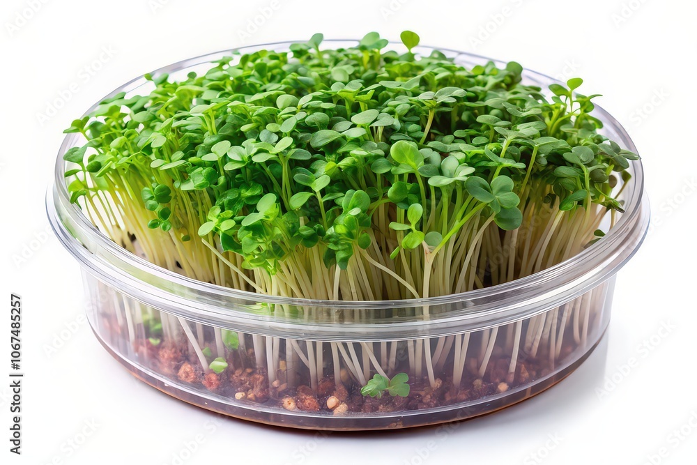 A container of fresh young greens. Isolated on a white background. Close-up. The concept of proper nutrition A container of fresh young greens. Isolated on a white background. Close-up. The concept of proper nutrition