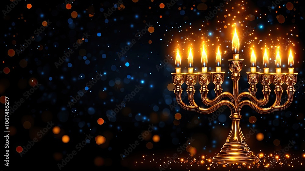 Naklejka premium Hanukkah, dark background with golden Menorah
