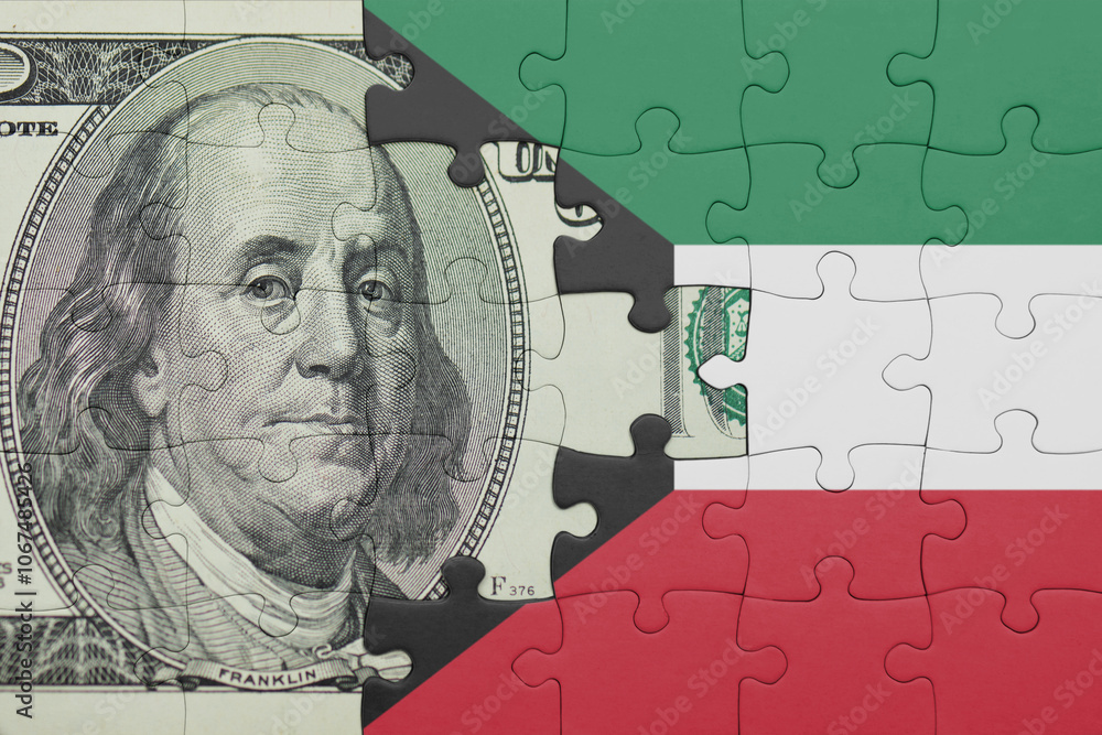 puzzle with the national flag of kuwait and the usa dollar money .finance concept puzzle with the national flag of kuwait and the usa dollar money .finance concept