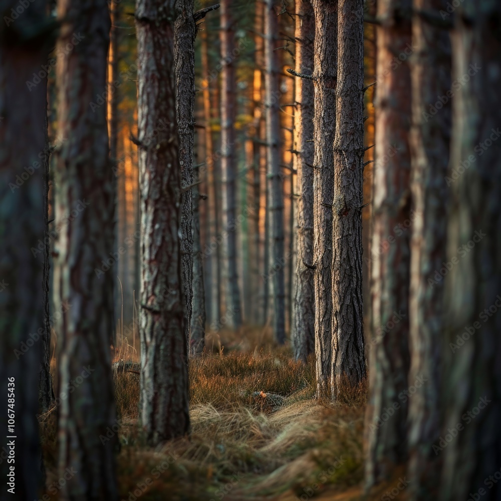 Nordic pine forest in the evening light. Short depth-of-field. Nordic pine forest in the evening light. Short depth-of-field.
