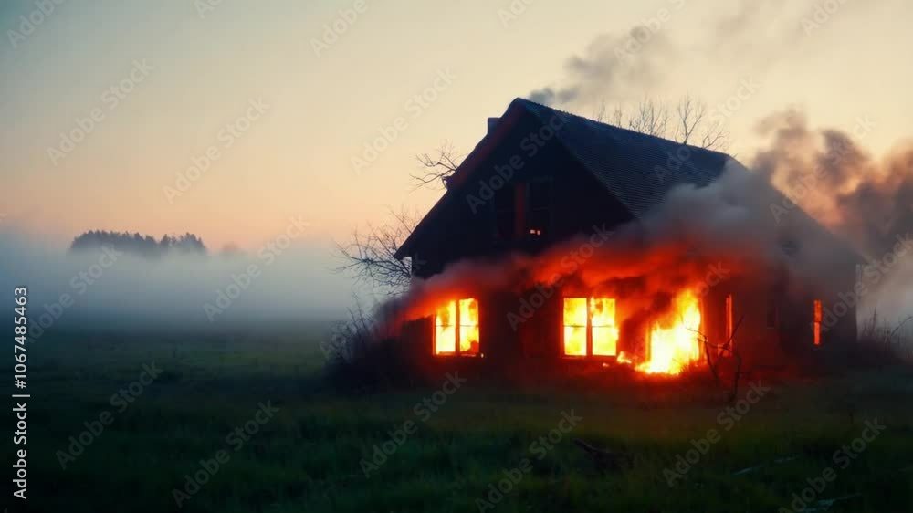 An abandoned farmhouse is surrounded by smoke and flames as it catches fire in a rural setting, with orange light shining from the windows amidst early morning fog An abandoned farmhouse is surrounded by smoke and flames as it catches fire in a rural setting, with orange light shining from the windows amidst early morning fog