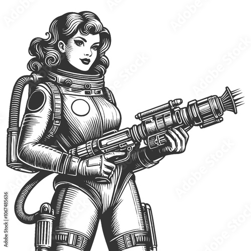 space girl holding a ray gun, wearing a futuristic spacesuit with headphones. Vintage sci-fi theme sketch engraving generative ai vector illustration. Scratch board imitation. Black and white image.