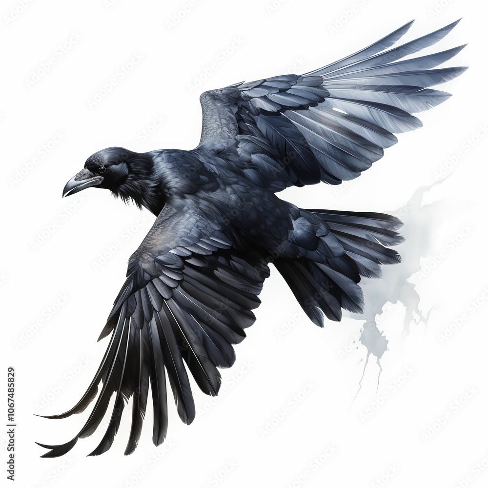 Naklejka premium A black crow with its wings spread out in the air