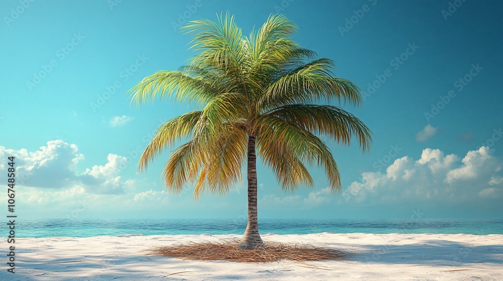 A lone palm tree stands on a white sandy beach under a bright blue sky with fluffy white clouds. A lone palm tree stands on a white sandy beach under a bright blue sky with fluffy white clouds.