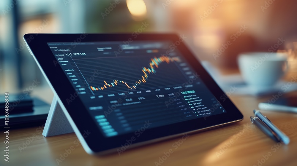Tablet with stock market graph on office desk. Tablet with stock market graph on office desk.