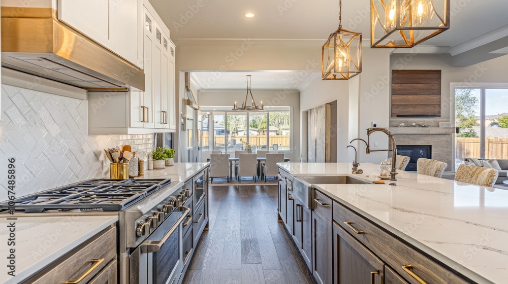 Modern kitchen featuring sleek appliances and elegant lighting. Modern kitchen featuring sleek appliances and elegant lighting.