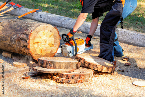 Skillful woodworker uses a chainsaw to slice logs into perfect wooden rounds on a sunny day