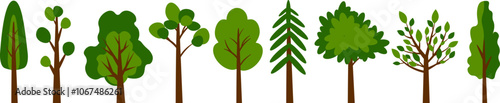 Set of forest trees. Green fruit and wild trees icons. Oak, maple, pine, spruce. Vector	