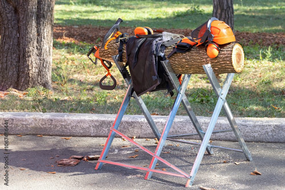 Work equipment on display with safety gear and tools beside a tree in a sunny outdoor setting