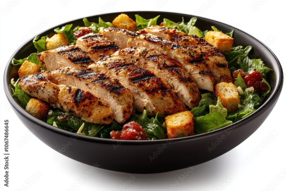 Grilled chicken atop fresh salad with croutons Grilled chicken atop fresh salad with croutons