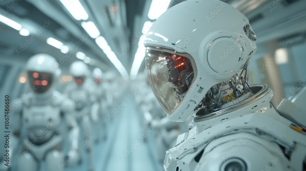 A group of sleek astronaut robots occupy a well-lit futuristic space, embodying sophistication and cutting-edge technology in their streamlined and polished design. A group of sleek astronaut robots occupy a well-lit futuristic space, embodying sophistication and cutting-edge technology in their streamlined and polished design.