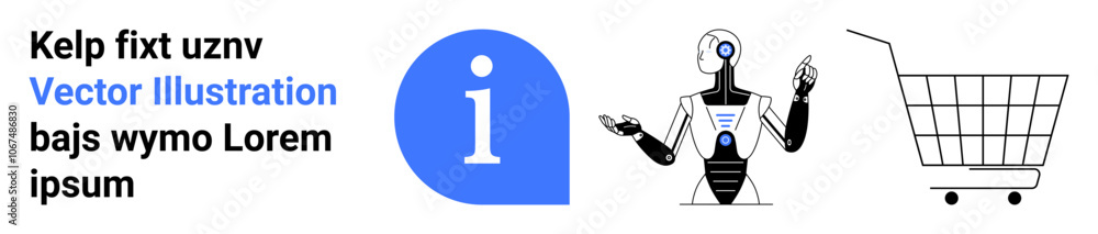 Info graphic with information icon, talking robot, and shopping cart Ideal for e-commerce, artificial intelligence, customer service, online shopping and digital information. Banner for landing page Info graphic with information icon, talking robot, and shopping cart Ideal for e-commerce, artificial intelligence, customer service, online shopping and digital information. Banner for landing page