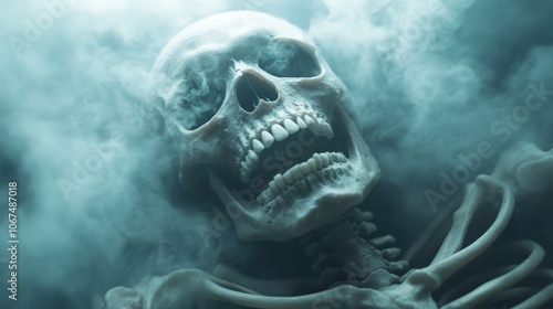 This close-up view captures the haunting details of a skeleton shrouded in swirling dark mist, enhancing its eerie and macabre allure with stark shadows. photo