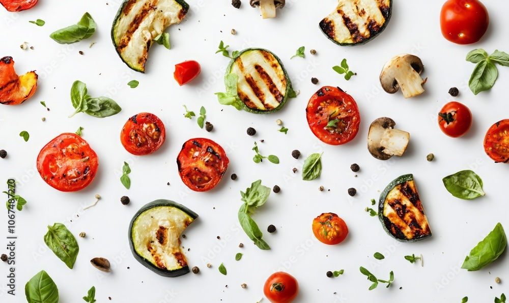 Grilled vegetable slices falling on transparent background. Grilled vegetable slices falling on transparent background.