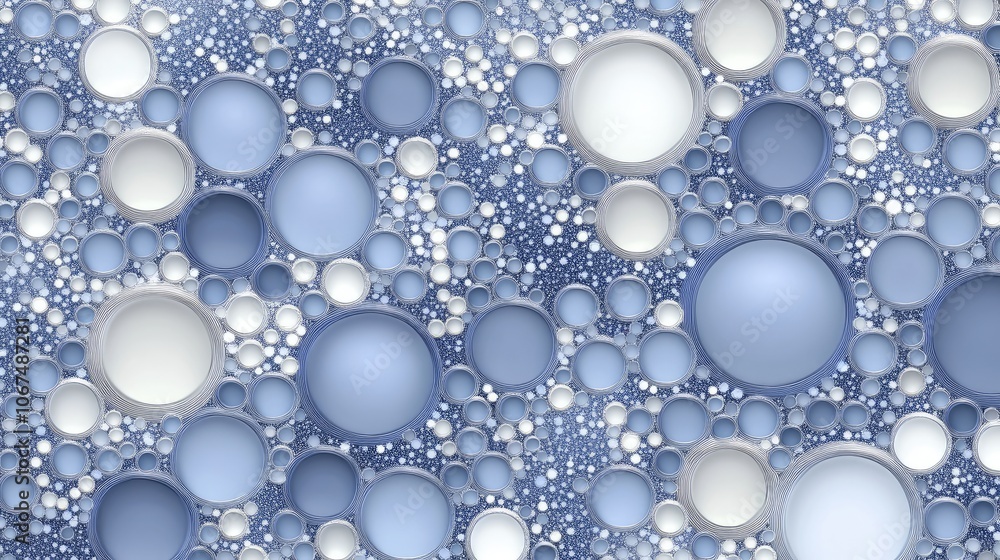 The composition showcases a collection of varying-sized blue bubbles set against a winter-inspired backdrop, creating a soothing, cool atmosphere filled with delicate details The composition showcases a collection of varying-sized blue bubbles set against a winter-inspired backdrop, creating a soothing, cool atmosphere filled with delicate details