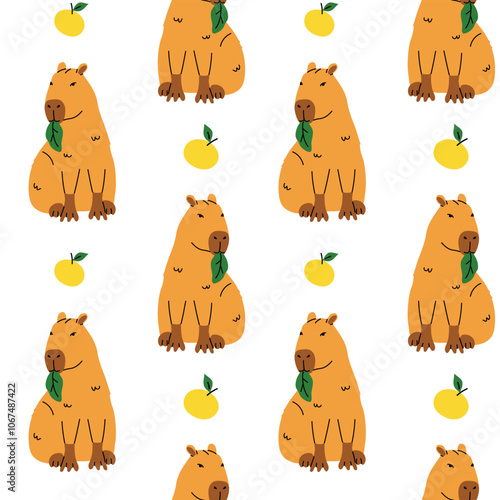 Seamless pattern with cute cartoon capybara illustration. South America fauna.