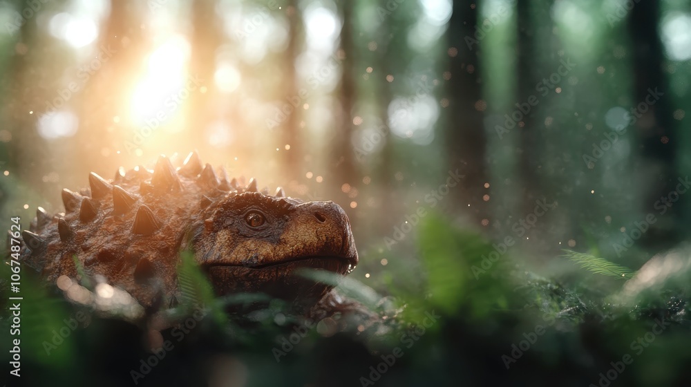 A dinosaur is seen relaxing amidst dappled sunlight piercing through the trees, creating a serene and ethereal atmosphere in the dense foliage of ancient times. A dinosaur is seen relaxing amidst dappled sunlight piercing through the trees, creating a serene and ethereal atmosphere in the dense foliage of ancient times.