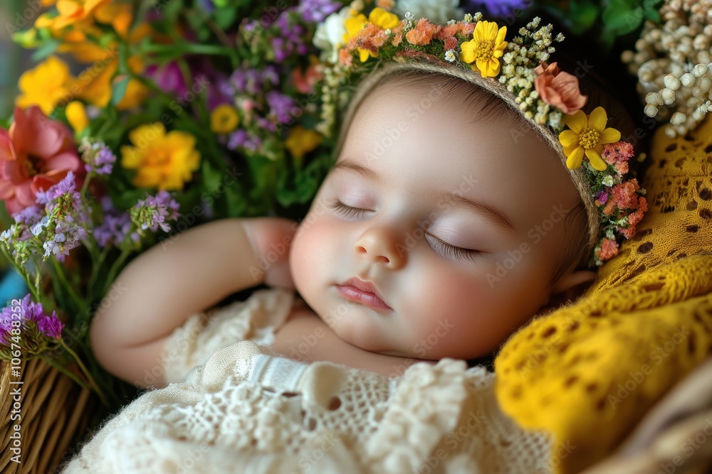 Infant girl rests in floral basket during photo session Infant girl rests in floral basket during photo session