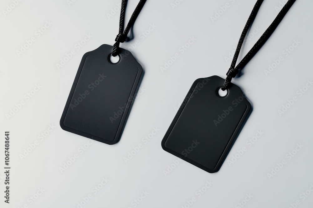 Fototapeta premium Isolated blank name tag mockup on white background with black string