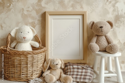 Inviting children s room design featuring a poster frame basket stuffed animals plaid stool textured beige wall and decor items Sample photo