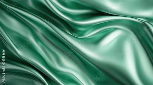 A close-up of a luxurious green fabric with smooth, silk-like texture and flowing waves, capturing elegance and a sense of tactile allure and movement.