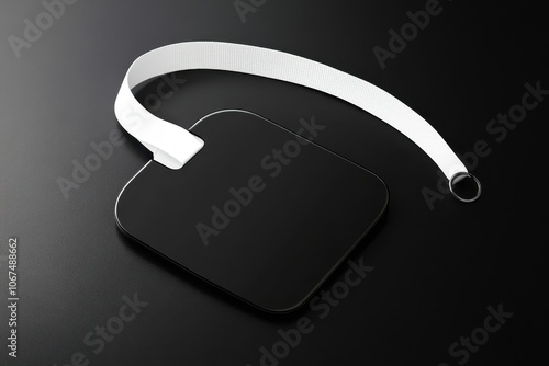 Isolated blank security tag with white strap on black backdrop mockup photo