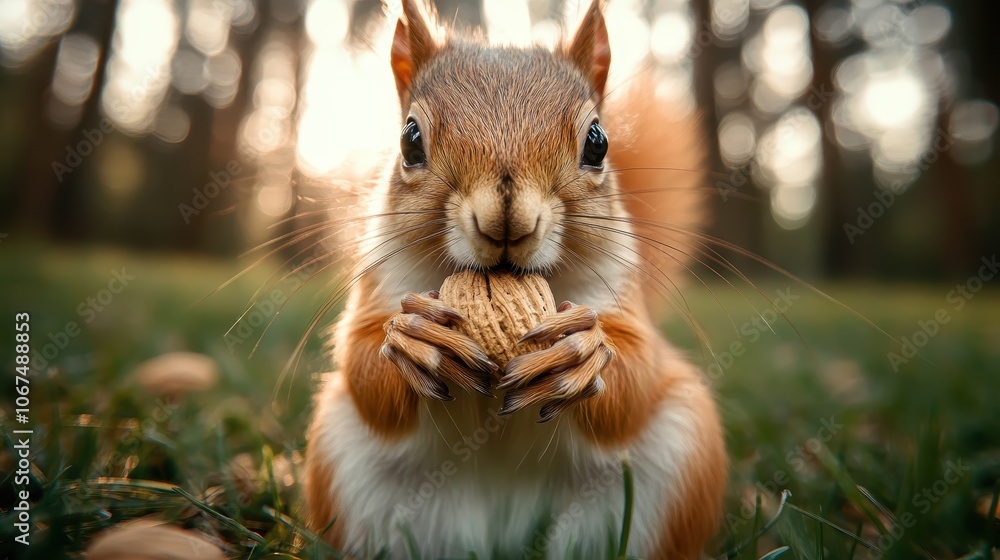 A captivating image of a squirrel grasping a nut on a verdant lawn, highlighted by sunlight filtering through trees, emphasizing nature's charm and playfulness. A captivating image of a squirrel grasping a nut on a verdant lawn, highlighted by sunlight filtering through trees, emphasizing nature's charm and playfulness.