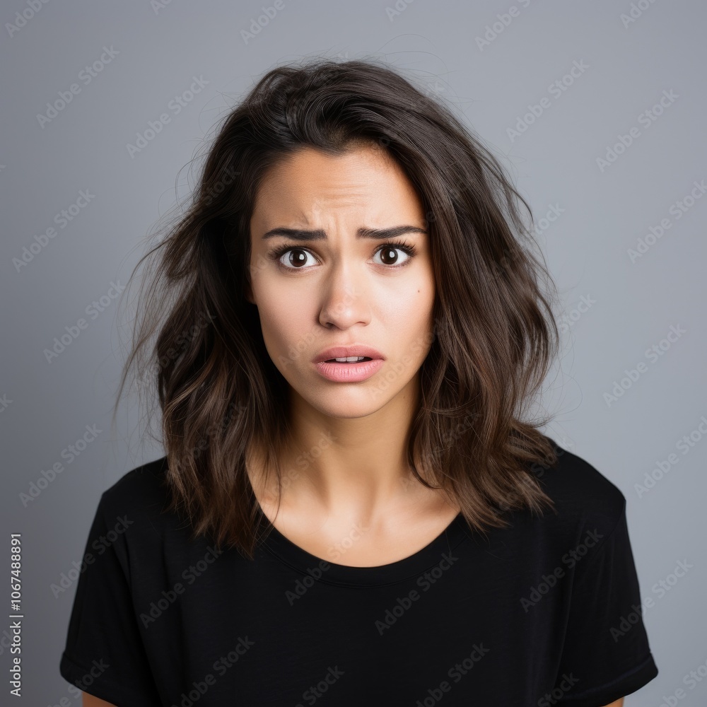 Disbelief woman dressed casually with puzzled look and raised eyebrows against a colorful studio backdrop Disbelief woman dressed casually with puzzled look and raised eyebrows against a colorful studio backdrop