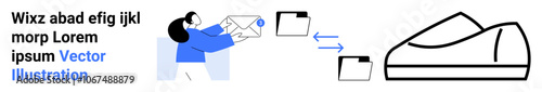 Woman in blue and white outfit holds a mail envelope, arrows point to folders and minimalist shoe. Ideal for communication, mail, organization, workflow, minimalism, business, document exchange