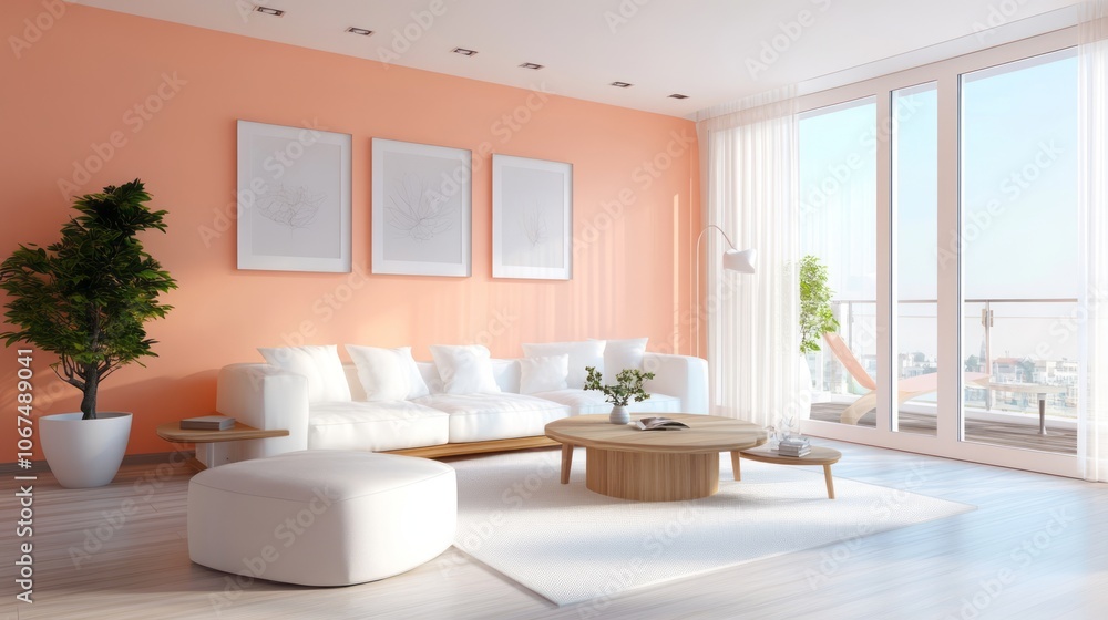 Fototapeta premium Minimalist Living Room with White Couch, Peach Walls, and a View