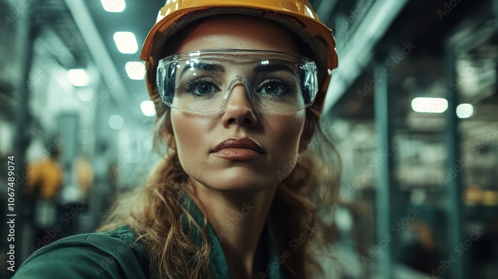 A confident woman engineer wearing safety gear including a helmet and goggles, standing in a high-tech factory environment, representing modern engineering and innovation. A confident woman engineer wearing safety gear including a helmet and goggles, standing in a high-tech factory environment, representing modern engineering and innovation.