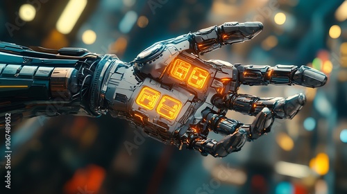 Bionic superhuman arm with detailed mechanical joints, tech panels, and energy lights, in a futuristic setting