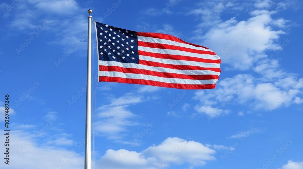 Waving American Flag Against Blue Sky Waving American Flag Against Blue Sky