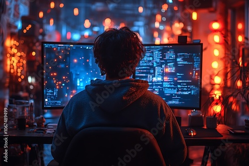 Profile side view portrait of his he nice attractive skilled smart focused concentrated guy consultant writing script creating new digital desktop app in dark room workplace station indoors
