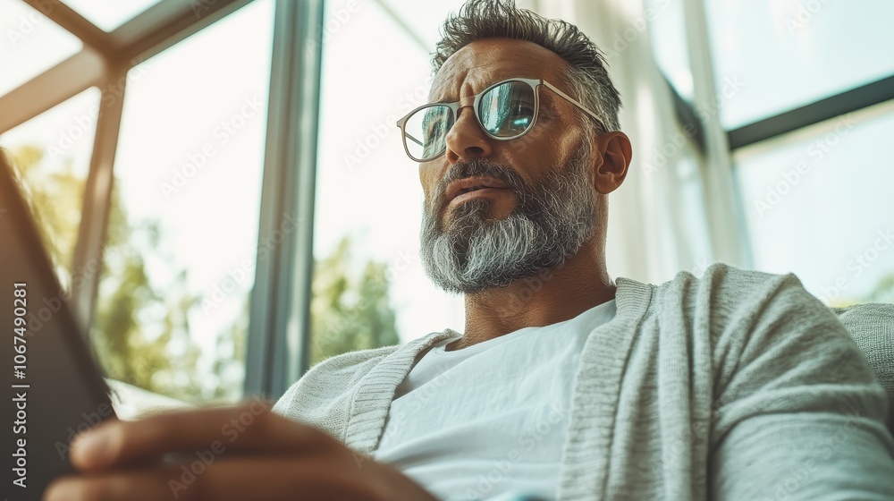 A bearded man reads intently on a tablet, bathed in sunlight streaming through large windows, representing introspection, enlightenment, and modern connectivity. A bearded man reads intently on a tablet, bathed in sunlight streaming through large windows, representing introspection, enlightenment, and modern connectivity.