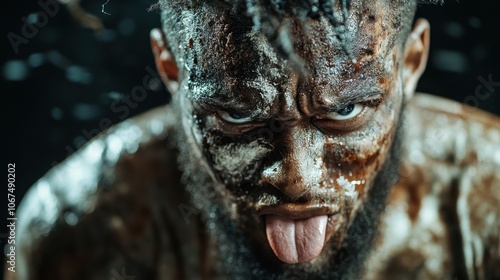 A man with his face and body covered in mud, creating a powerful and intense expression, showcasing raw emotion and an intense, primal connection to nature.