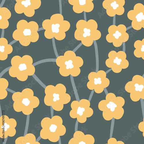 Seamless floral pattern based on traditional folk art ornaments. Colorful flowers on color background. Scandinavian style. Sweden nordic style. Vector illustration. Simple minimalistic pattern