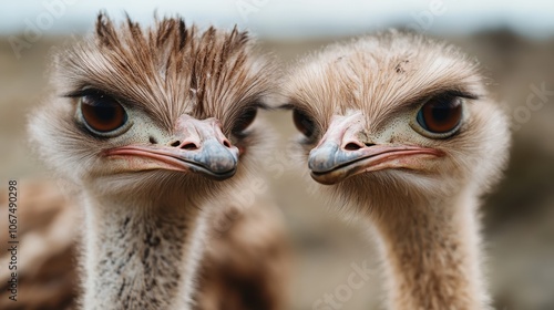 Fascinating portrait of two ostriches with piercing eyes and curious expressions, standing closely together in their natural habitat, capturing a moment of inquisitive interaction. photo